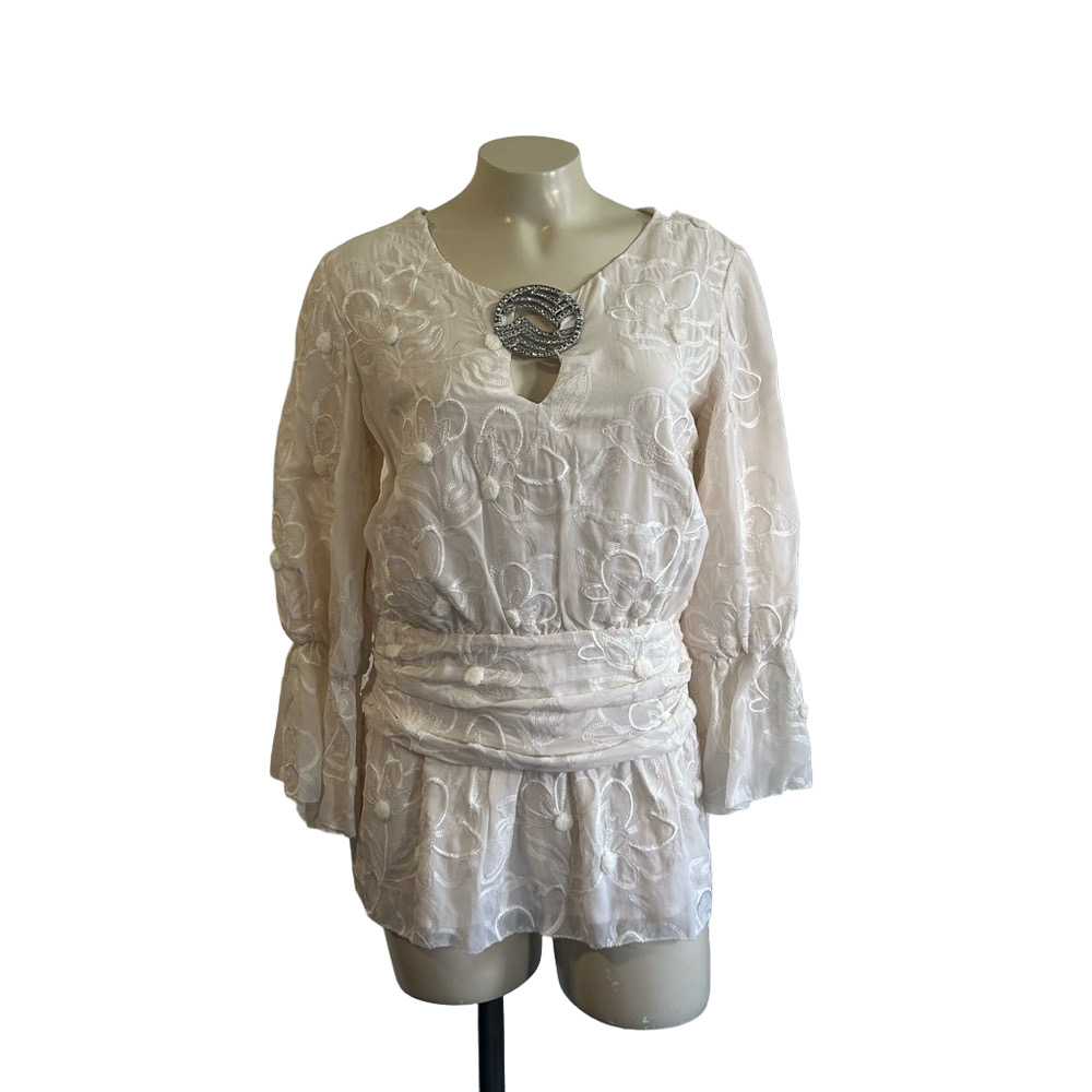 SHERI BODELL ivory 100% silk embroidered floral blouse SM NWOT